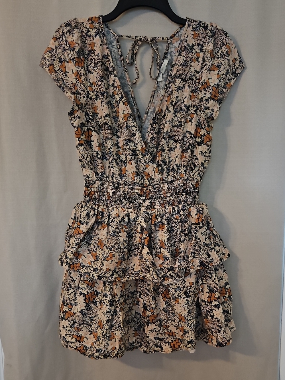 American Eagle Outfitters Cream, Black & Brown Floral Smocked Tiered Mini Dress